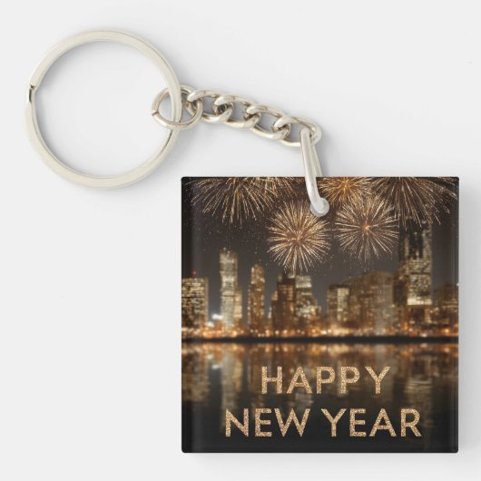 "Happy New Year" mit Feuerwerken über einer Stadt Schlüsselanhänger (Vorderseite)