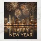 "Happy New Year" mit Feuerwerken über einer Stadt Weinetikett (Einzelnes Label)
