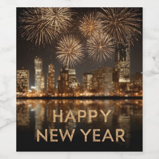 "Happy New Year" mit Feuerwerken über einer Stadt Weinetikett (Einzelnes Label)