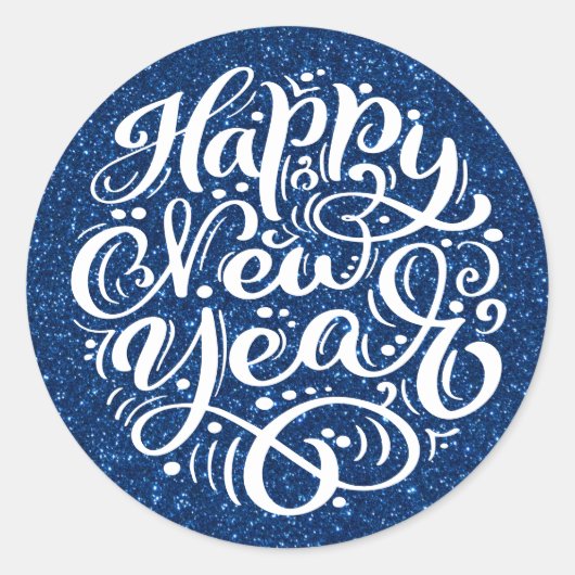 Happy New Year Modern Calligraphy Blue Glitzer Runder Aufkleber (Vorderseite)