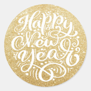 Happy New Year Modern Calligraphy Gold Glitzer Runder Aufkleber