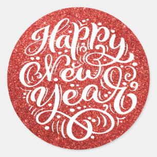 Happy New Year Modern Calligraphy Red Glitzer Runder Aufkleber