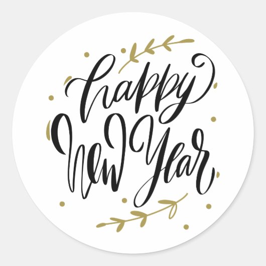Happy New Year Modern Calligraphy Wreath Black Runder Aufkleber (Vorderseite)
