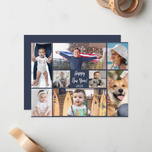 Happy New Year Modern Dark Blue 8 Foto Mitteilungskarte (Vorderseite/Rückseite Beispiel)