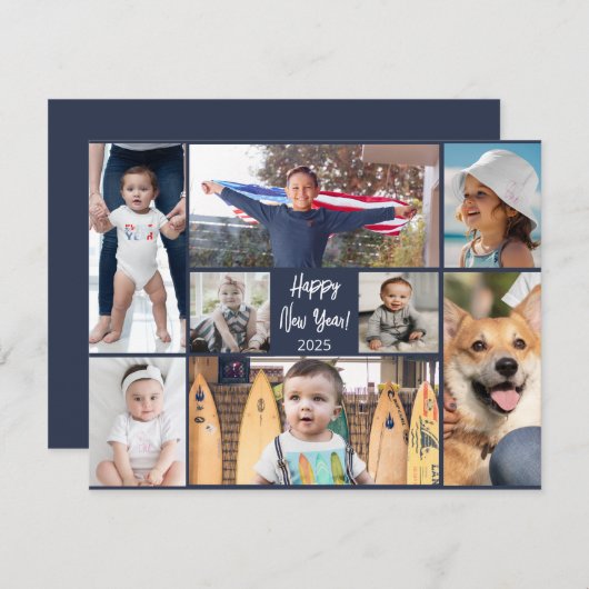 Happy New Year Modern Dark Blue Foto Card Einladung (Vorne/Hinten)