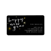 Happy New Year Modern Script Chic Gold Sternexplos Adressaufkleber (Vorne)