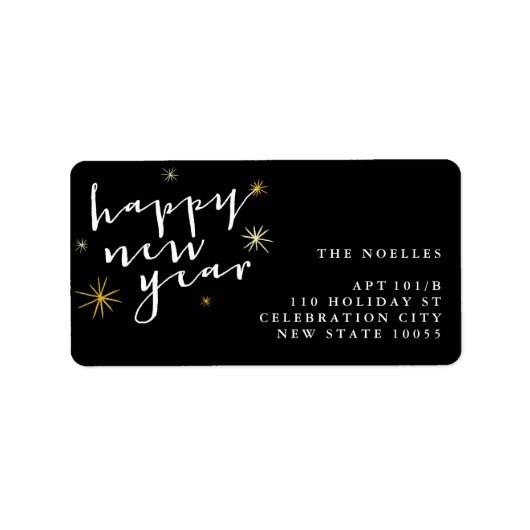 Happy New Year Modern Script Chic Gold Sternexplos Adressaufkleber (Vorne)