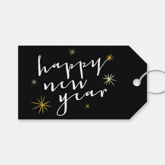 Happy New Year Modern Script Chic Gold Sternexplos Geschenkanhänger (Vorderseite (Horizontal))