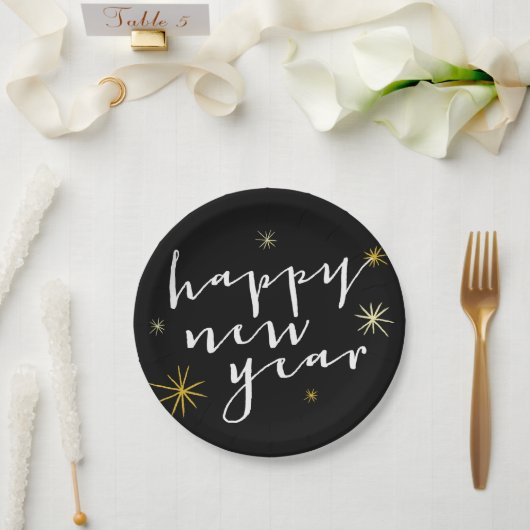 Happy New Year Modern Script Chic Gold Sternexplos Pappteller (Hochzeit)