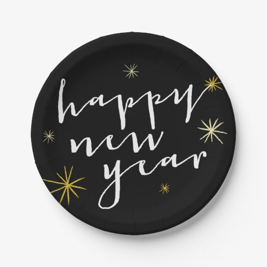 Happy New Year Modern Script Chic Gold Sternexplos Pappteller (Vorderseite)