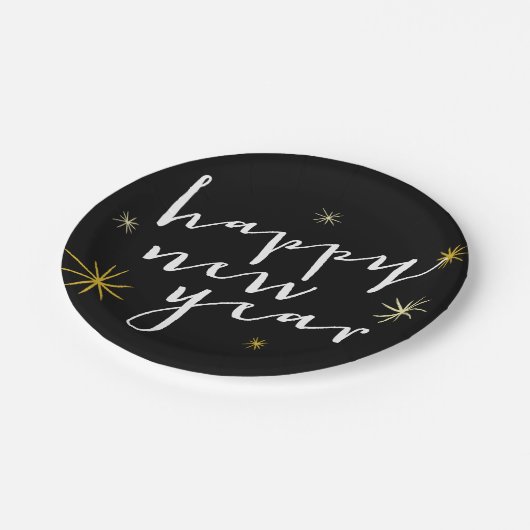 Happy New Year Modern Script Chic Gold Sternexplos Pappteller (Schrägansicht)