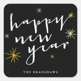 Happy New Year Modern Script Chic Gold Sternexplos Quadratischer Aufkleber