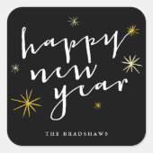 Happy New Year Modern Script Chic Gold Sternexplos Quadratischer Aufkleber (Vorderseite)
