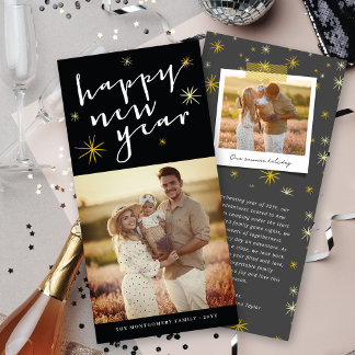 Happy New Year Modern Script Gold Sternexplosion F Feiertagskarte