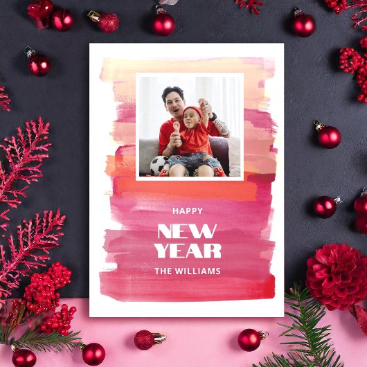 Happy New Year Modern Watercolor Pink Weihnachten