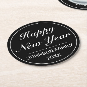 Happy New Year Modernes Minimalistisches Schwarz-w Runder Pappuntersetzer