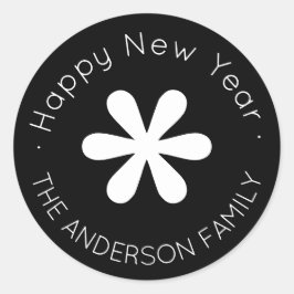 Happy New Year Monogram | Schwarz Runder Aufkleber