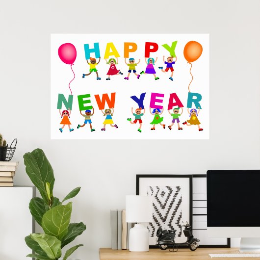Happy New Year Niedlich Cartoon Diverse Kids Text Poster (Heimbüro)