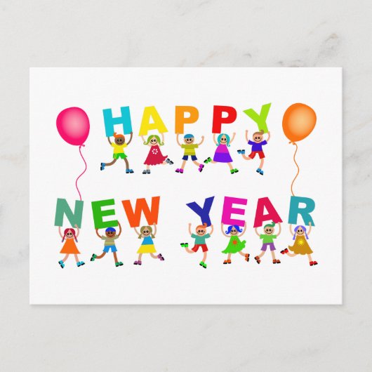 Happy New Year Niedlich Cartoon Diverse Kids Text Postkarte (Vorderseite)