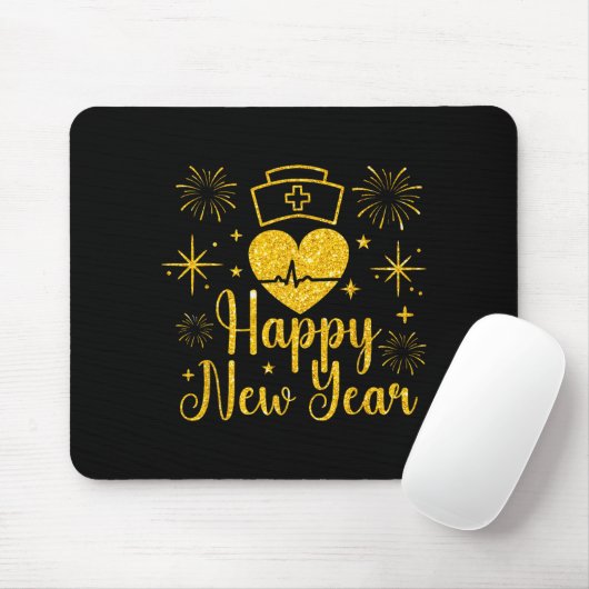 Happy New Year Nurses Heartbeat Fireworks New Year Mousepad (Mit Mouse)