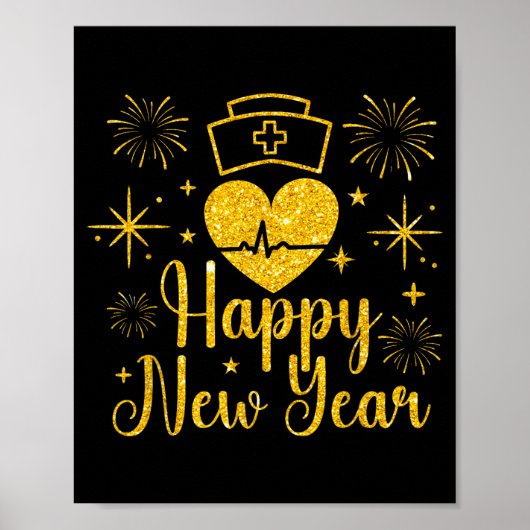 Happy New Year Nurses Heartbeat Fireworks New Year Poster (Vorne)