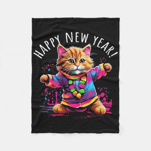 Happy New Year Party Dancing Cat Design Fleecedecke (Vorderseite)