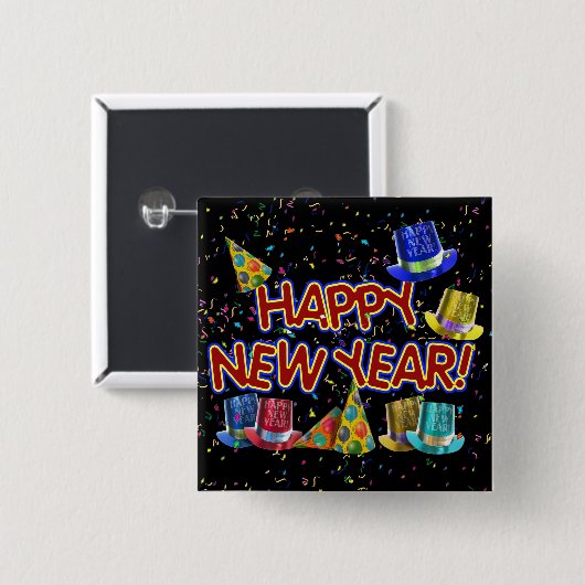 Happy New Year Party Hats Button (Vorne & Hinten)
