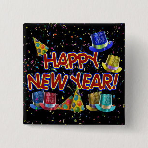 Happy New Year Party Hats Button