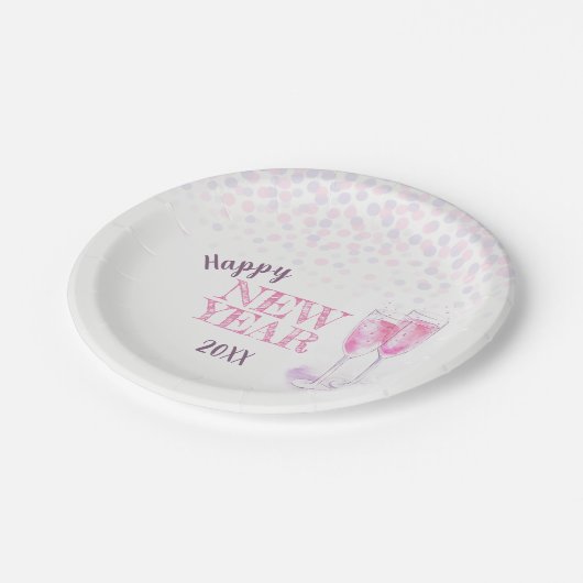 Happy New Year Party rosa Champagner-Papierteller Pappteller (Schrägansicht)