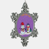 Happy New Year Pinguin, Schneemann Schneeflocken Zinn-Ornament (Links)