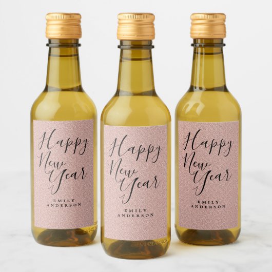Happy New Year Pink Glitzer Personalisiertes Party Weinetikett (Flaschen)