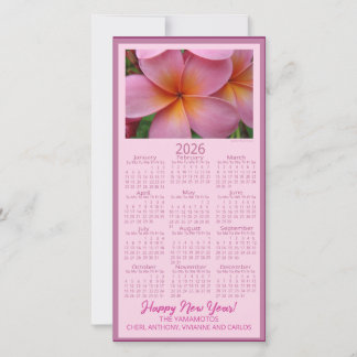 Happy New Year Pink Plumeria Flower 2026 Calendar Feiertagskarte