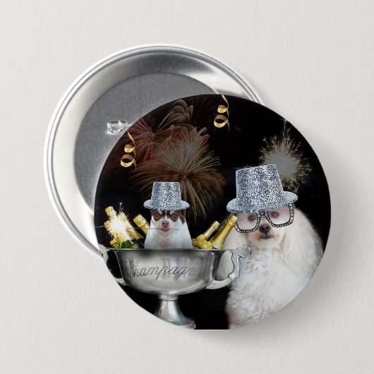 Happy New Year Poodle und Chihuahua-Taste Button (Vorne & Hinten)