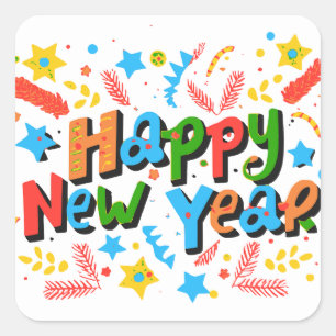 Happy New Year Quadratischer Aufkleber