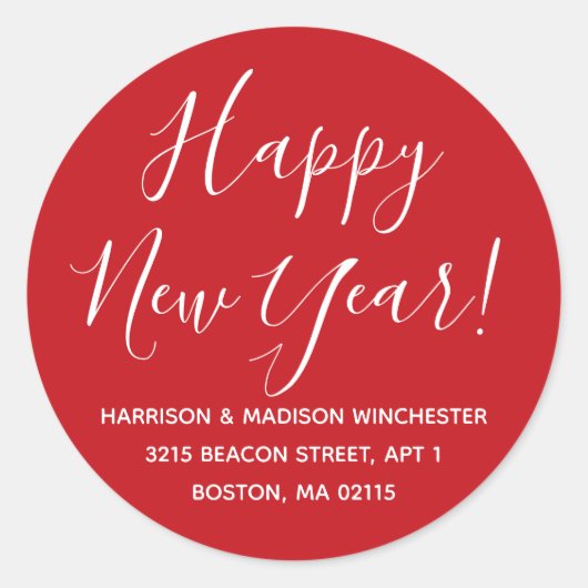 Happy New Year Red White Script Rücksendeadresse Runder Aufkleber (Vorderseite)