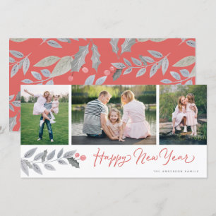 Happy New Year Rustic Floral 3 Foto Collage Feiertagskarte