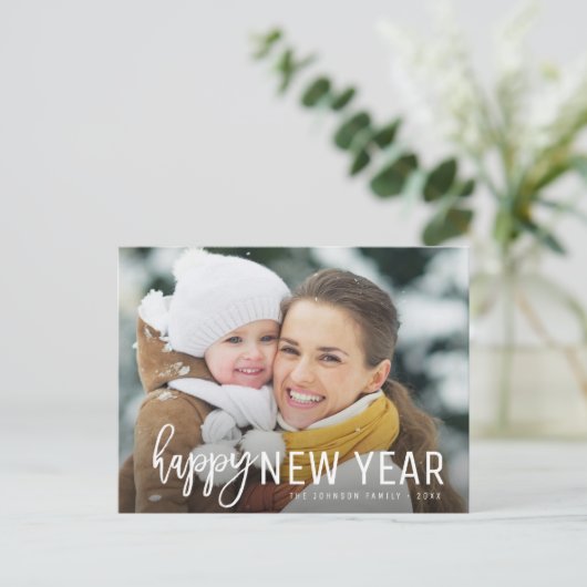 HAPPY NEW YEAR | rustic script photo greeting card Postkarte (Stehend Vorderseite)
