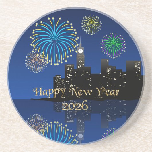 Happy New Year’s Eve Midnight Fireworks City Light Getränkeuntersetzer (Vorne)