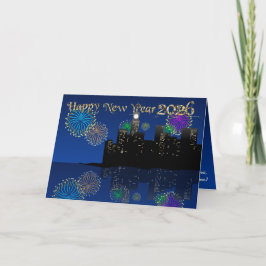 Happy New Year’s Eve Midnight Fireworks City Light Karte
