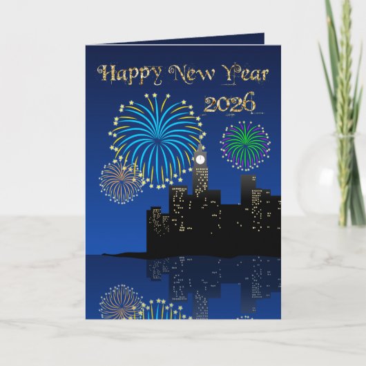 Happy New Year’s Eve Midnight Fireworks City Light Karte (Vorderseite)