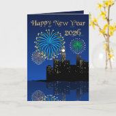 Happy New Year’s Eve Midnight Fireworks City Light Karte (Gelbe Blume)