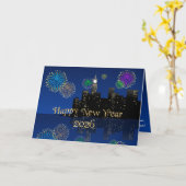 Happy New Year’s Eve Midnight Fireworks City Light Karte (Gelbe Blume)
