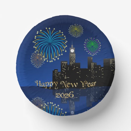 Happy New Year’s Eve Midnight Fireworks City Light Pappteller (Vorderseite)