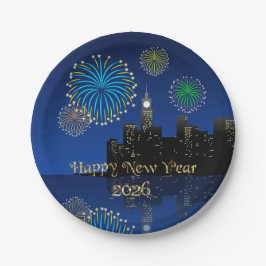 Happy New Year’s Eve Midnight Fireworks City Light Pappteller