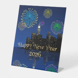 Happy New Year’s Eve Midnight Fireworks City Light Sockelschild