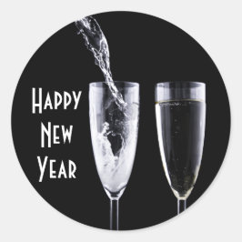Happy New Year Schwarz-weiß Champagne Glass Festiv Runder Aufkleber