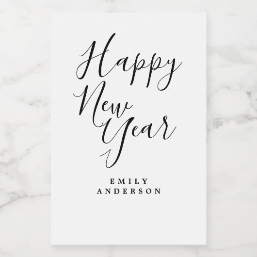 Happy New Year Schwarz-weißes Personalisiertes Par Weinetikett (Einzelnes Label)