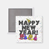 Happy New Year - Schwarzer Text mit Party Hats Magnet (Vorderseite/Rückseite)