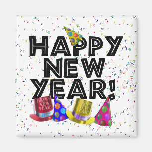 Happy New Year - Schwarzer Text mit Party Hats Magnet
