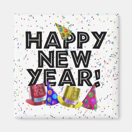 Happy New Year - Schwarzer Text mit Party Hats Magnet (Vorne)